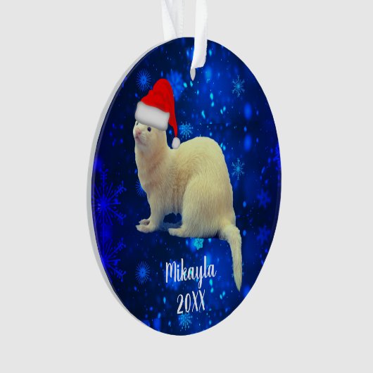White Pet Ferret in Santa Hat Ornament (voorkant)