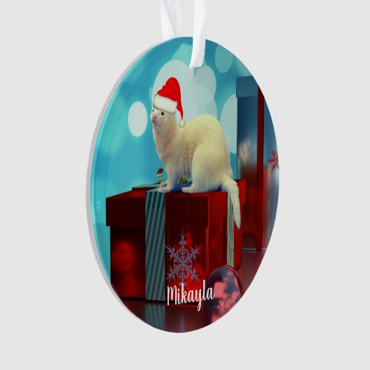 White Pet Ferret in Santa Hat Ornament (voorkant)