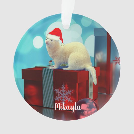 White Pet Ferret in Santa Hat Ornament (voorkant)