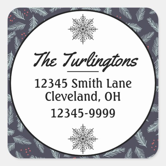 White Pine Boughs Feathers Holly Return Address Vierkante Sticker (Voorkant)