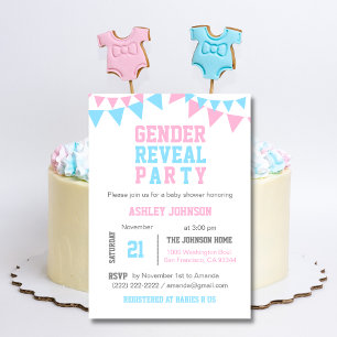 White Pink Blue GENDER REVEAL PARTITY Baby shower Kaart