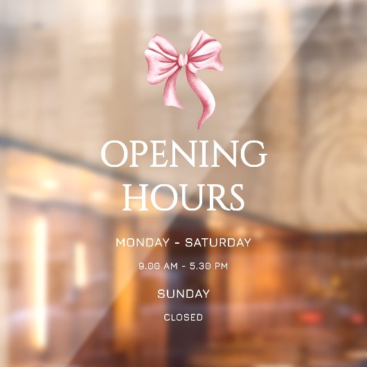 White Pink Bow Opening Hours Small Business Raamsticker (Vel 2)