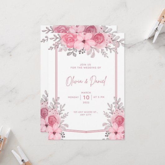 White Pink Elegant Wedding Invitation of bloemen Kaart (Voorkant / Achterkant in situ)