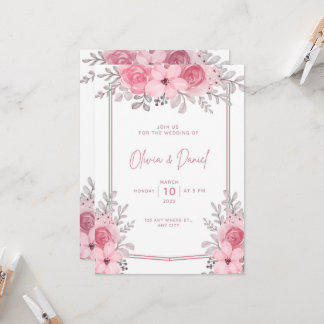 White Pink Elegant Wedding Invitation of bloemen Kaart