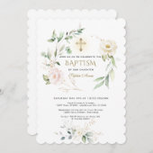 White Pink Floral Greenery Gold Cross Baptism  Kaart (Voorkant / Achterkant)
