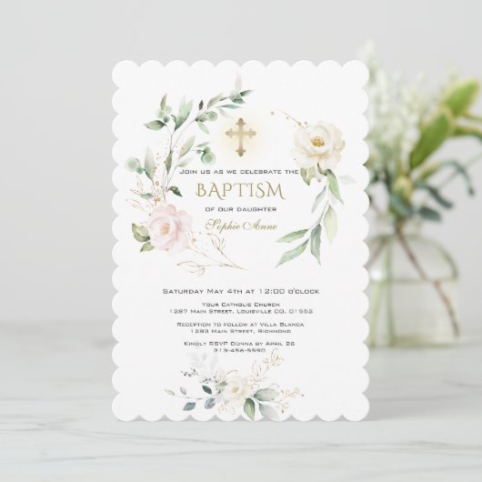 White Pink Floral Greenery Gold Cross Baptism  Kaart (Staand voorkant)