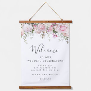 White Pink Floral Welkom bij ons trouwbord Hangend Wandkleed