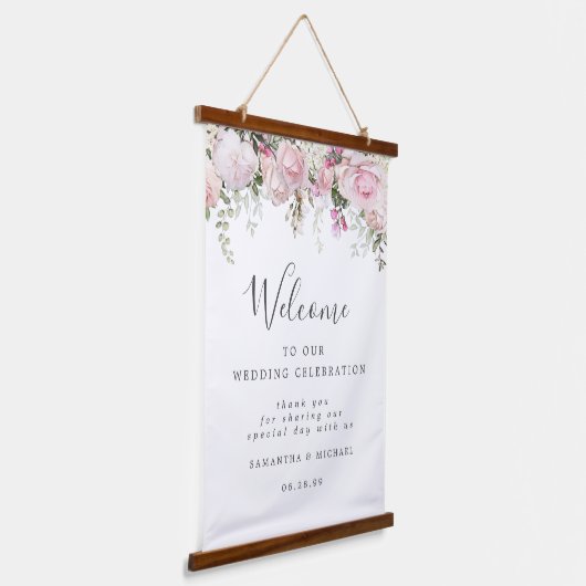 White Pink Floral Welkom bij ons trouwbord Hangend Wandkleed (Gebogen)
