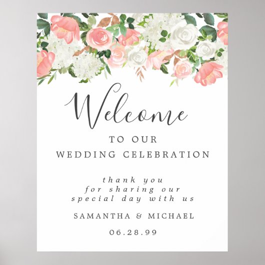 White Pink Floral Welkom bij ons trouwbord Poster (Voorkant)