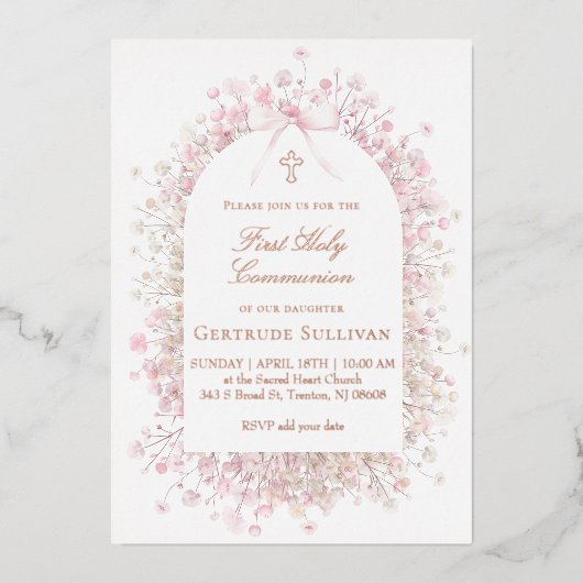 white pink flowers | First Holy Communion Folie Uitnodiging (Voorkant)
