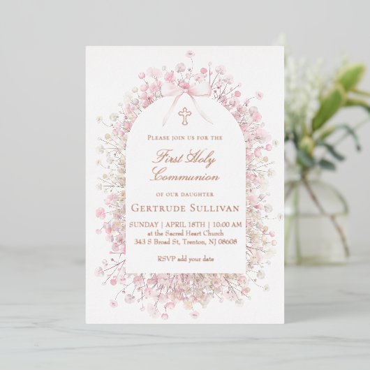 white pink flowers | First Holy Communion Folie Uitnodiging (Staand Voorkant)