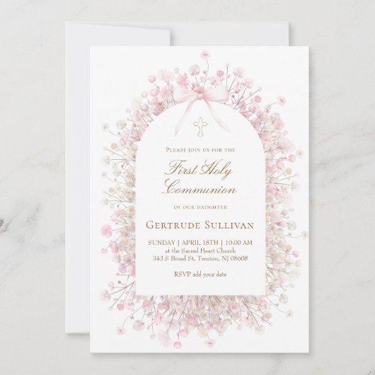 white pink flowers | First Holy Communion Kaart (Voorkant)