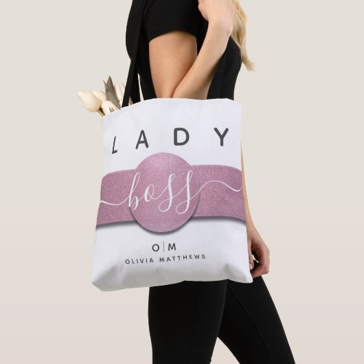 White Pink Glitter Girly Monogram Lady Boss Script Tote Bag (Dichtbij)