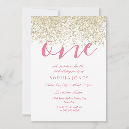 White Pink Gold Glitter 1e verjaardag Uitnodiging (Voorkant)