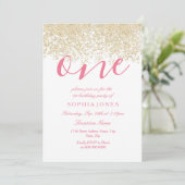 White Pink Gold Glitter 1e verjaardag Uitnodiging (Staand voorkant)