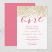 White Pink Gold Glitter 1e verjaardag Uitnodiging (Voorkant / Achterkant)