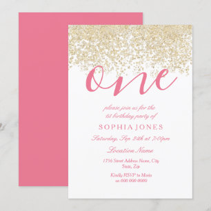 White Pink Gold Glitter 1e verjaardag Uitnodiging