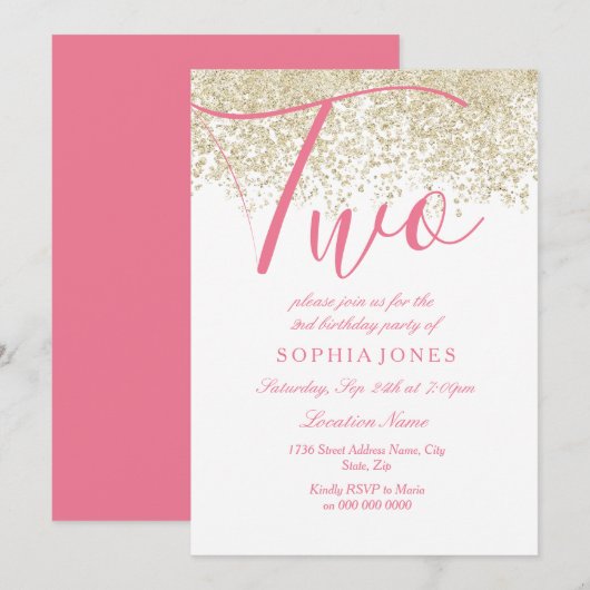 White Pink Gold Glitter 2e verjaardag Uitnodiging (Voorkant / Achterkant)