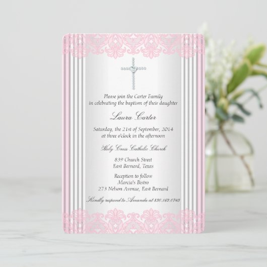 White Pink Lace Cross Baptisme Christening Kaart (Staand voorkant)