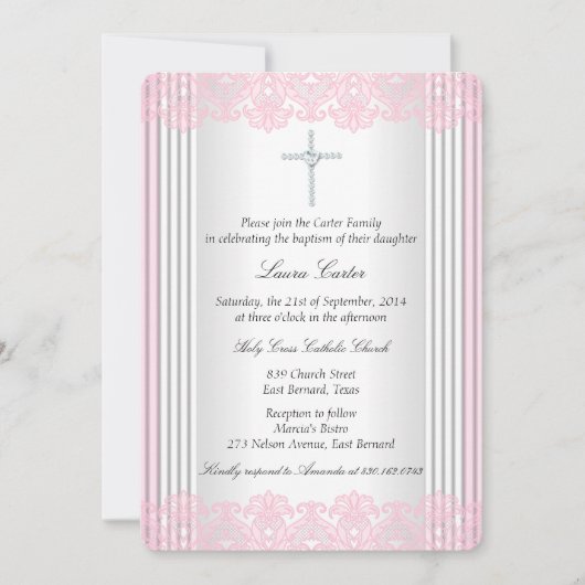White Pink Lace Cross Baptisme Christening Kaart (Voorkant)