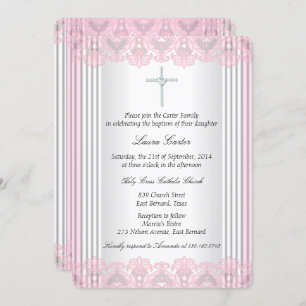 White Pink Lace Cross Baptisme Christening Kaart