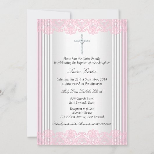 White Pink Lace Cross Baptisme Christening Kaart (Voorkant)