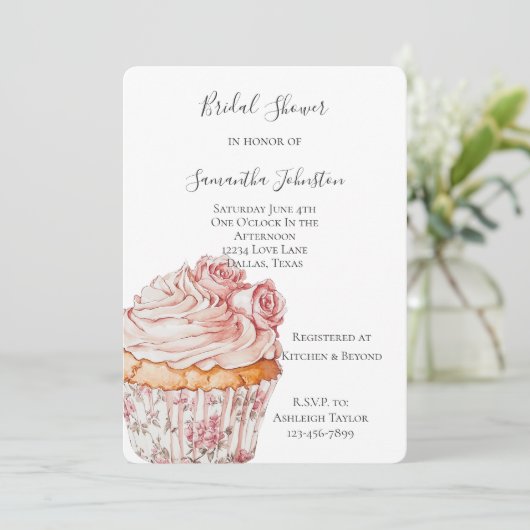 White Pink Roses Floral Cupcake Bridal Shower Kaart (Staand voorkant)