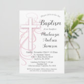 White Pink Swirl Cross Baptism Invitation Girl's Kaart (Staand voorkant)