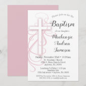 White Pink Swirl Cross Baptism Invitation Girl's Kaart (Voorkant / Achterkant)