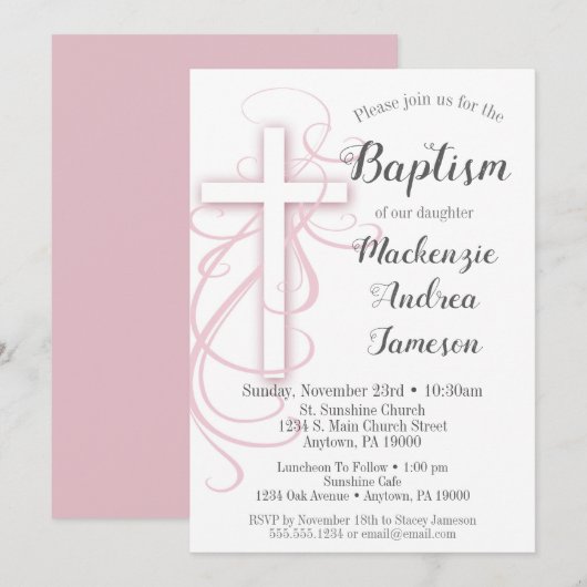 White Pink Swirl Cross Baptism Invitation Girl's Kaart (Voorkant / Achterkant)