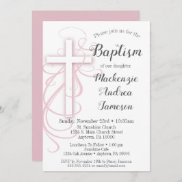 White Pink Swirl Cross Baptism Invitation Girl's Kaart