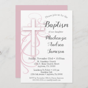 White Pink Swirl Cross Baptism Invitation Girl's Kaart