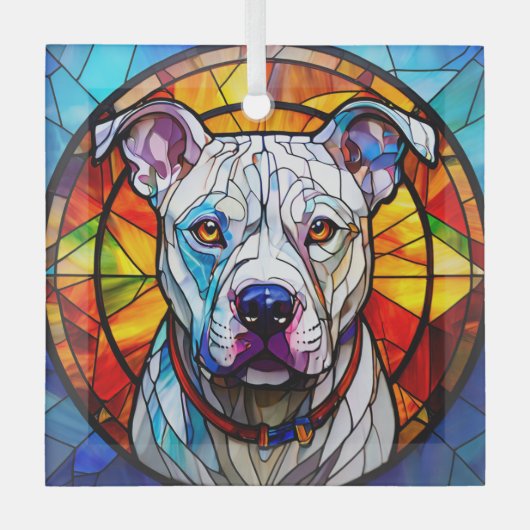 White Pit Bull Dog "Glas in lood" Glas Ornament (Voorkant)