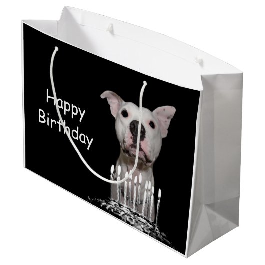 White Pitbull Birthday Large Cadeautasje (Achterkant Gekanteld)