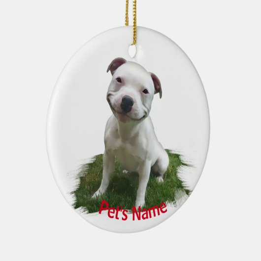 White Pitbull Grinning in the Grass Keramisch Ornament (Rechts)