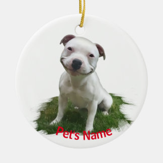 White Pitbull Grinning in the Grass Keramisch Ornament