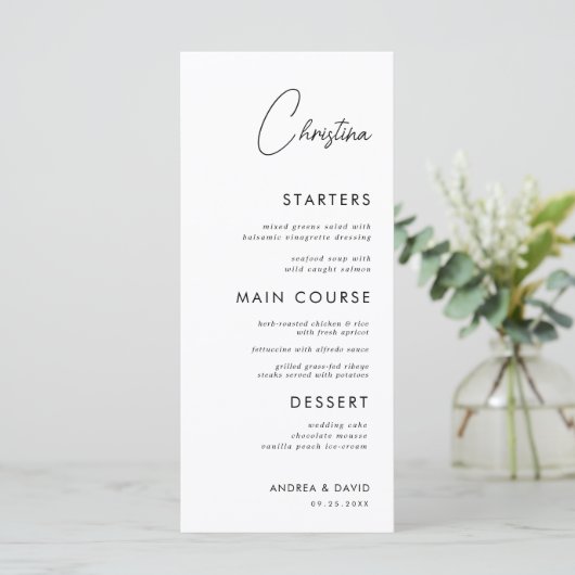 White Place Card Menu met aangepaste gastennaam (Staand voorkant)