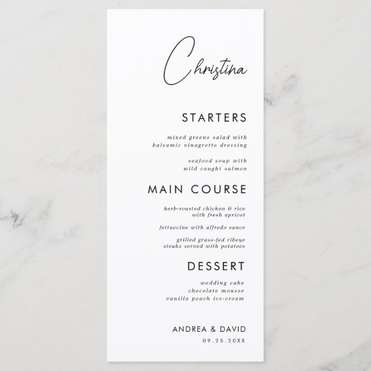 White Place Card Menu met aangepaste gastennaam (Voorkant)
