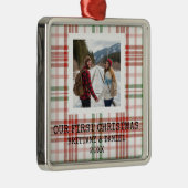 White Plaid Our First Christmas Metalen Ornament (Rechts)