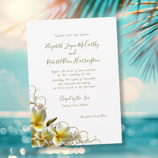 White Plumeria Custom Island Wedding Invitation Kaart