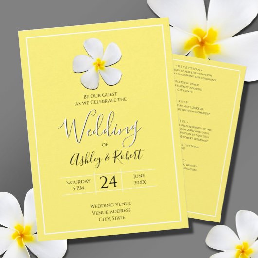 White Plumeria Flower on Yellow, Modern Wedding Kaart