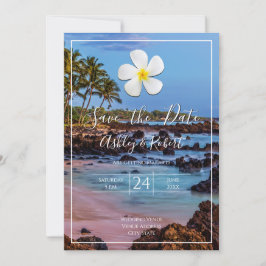 White Plumeria Flower, Tropisch Beach, Save Date Kaart
