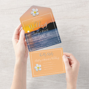 White Plumeria Flower with Golden Sunset, Weddensc All In One Uitnodiging