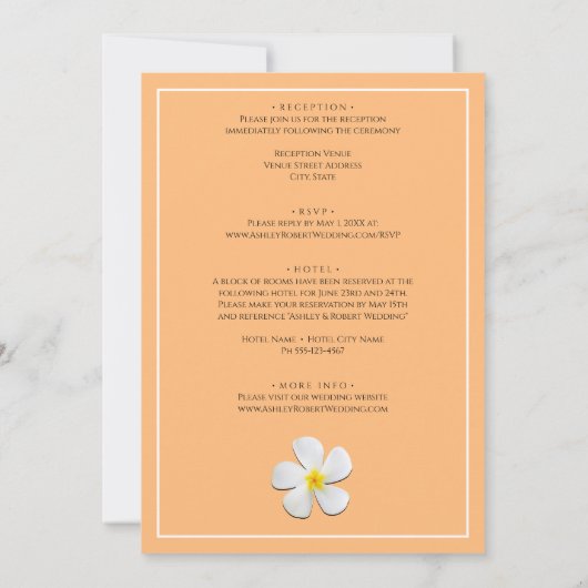 White Plumeria Flower with Golden Sunset, Weddensc Kaart (Achterkant)