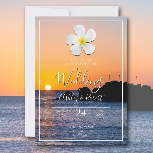 White Plumeria Flower with Golden Sunset, Weddensc Kaart