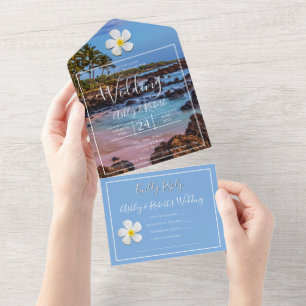 White Plumeria Flower with Tropical Beach, Wedding All In One Uitnodiging