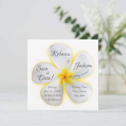 White Plumeria Flower, Yellow, Wedding, Save Date Kaart (Staand voorkant)