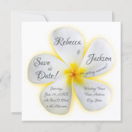 White Plumeria Flower, Yellow, Wedding, Save Date Kaart