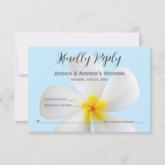 White Plumeria on Blue, Tropical, Floral, RSVP Bedankkaart (Voorkant)