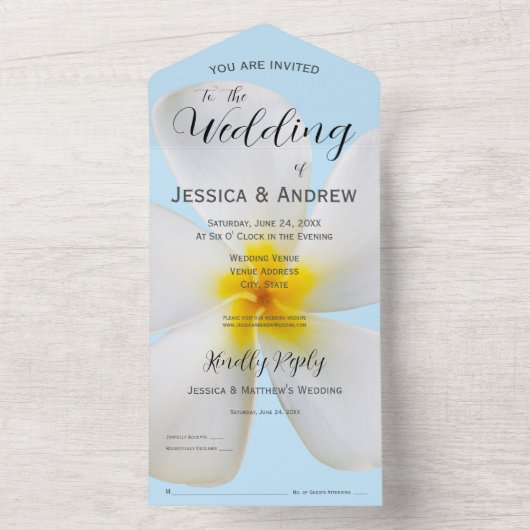 White Plumeria on Blue, Tropical, Floral Wedding All In One Uitnodiging (Binnen)